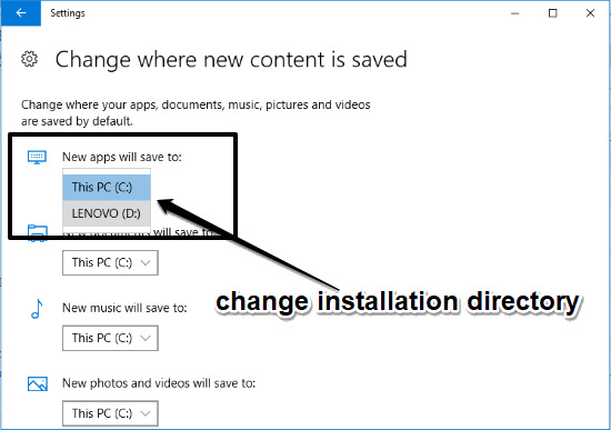change installation directory of apps