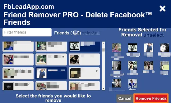Friend Remover PRO select to remove friends