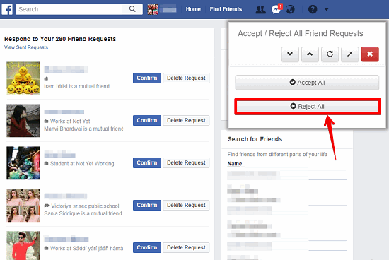 all facebook friend requests rejected