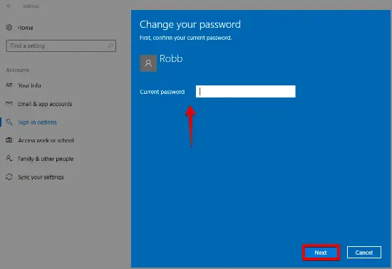 Windows 10 password change settings app
