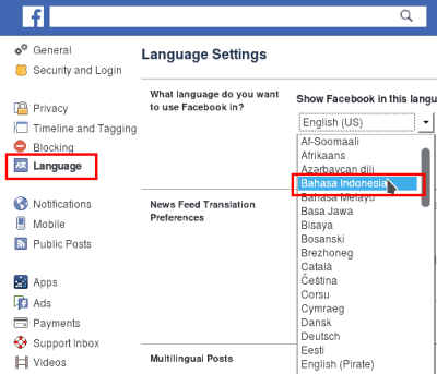facebook language