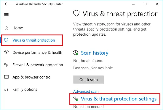 virus & threat protection settings