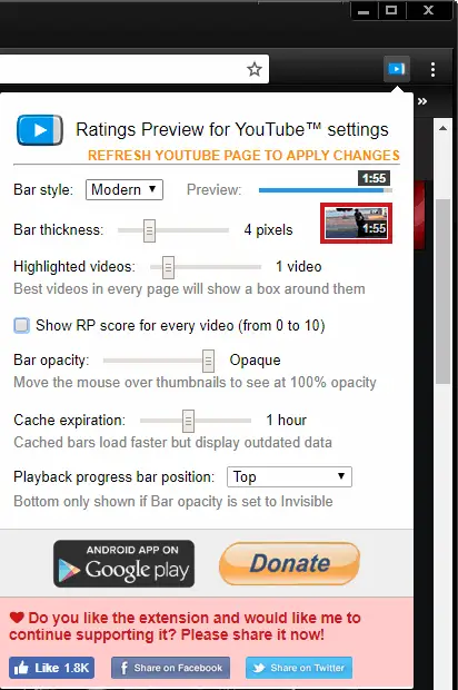 Ratings Preview for YouTube™ options