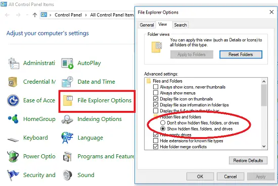 file explorer options to show hidden fies and folders