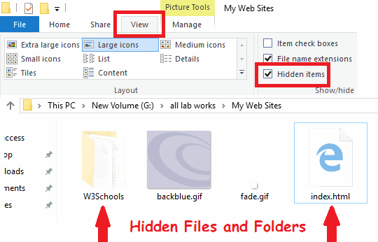 hidden files and folders enable in Windows 10
