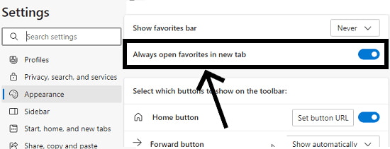 open microsoft edge favorites in new tab